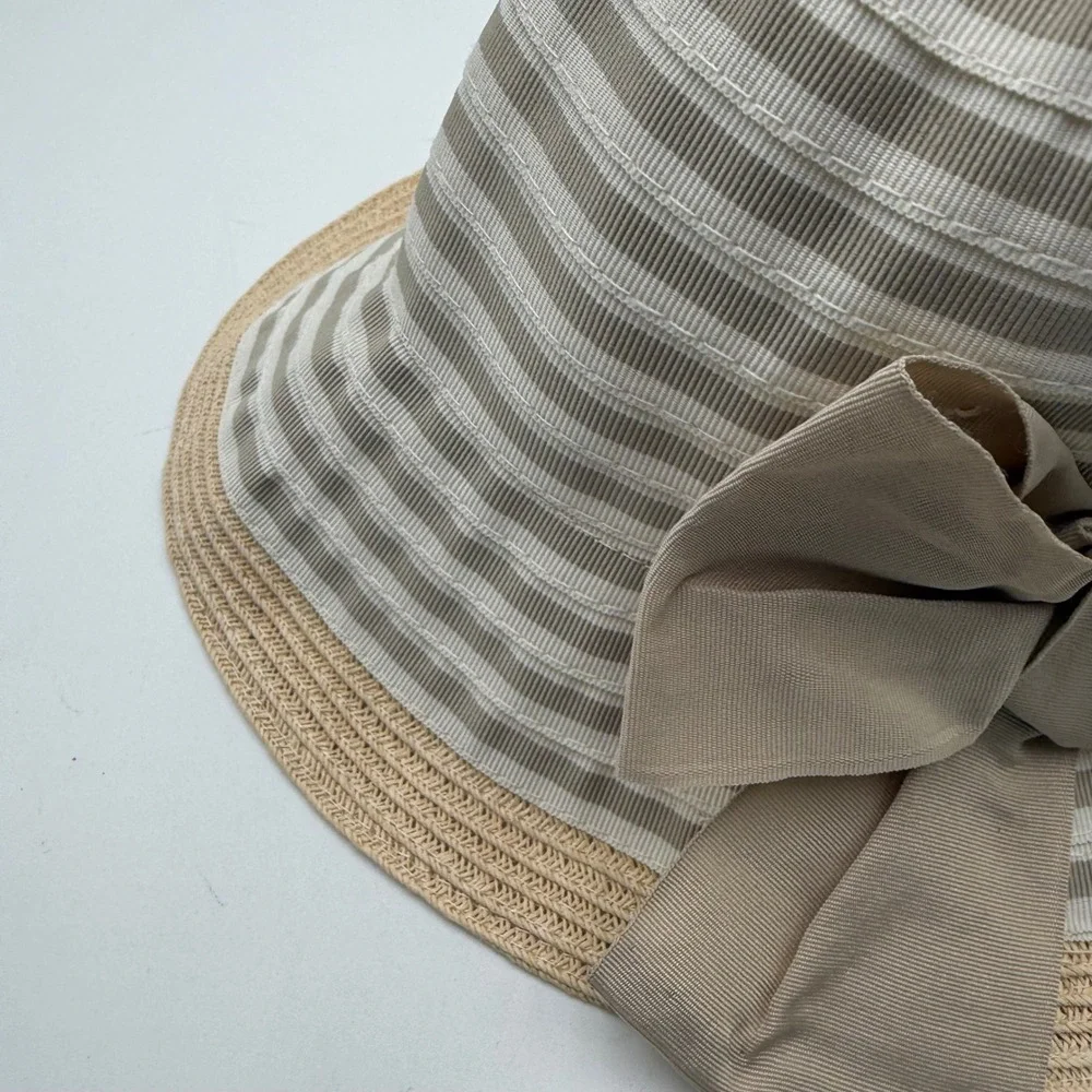 Girls Sun Hat Beige Striped Oversized Bow Character Label 50cm Boutique